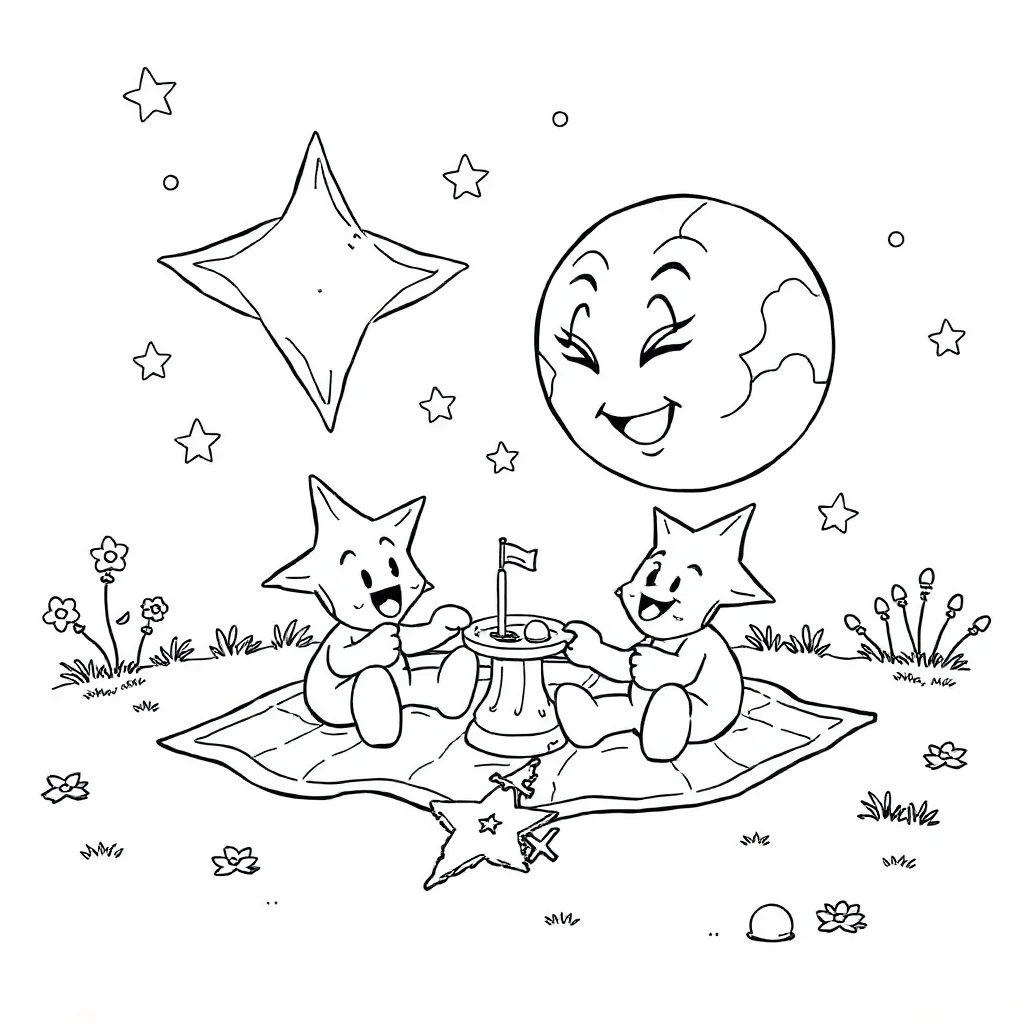 Stars stars and a moon having a picnic — classic stars coloring page (ages 5–10)
