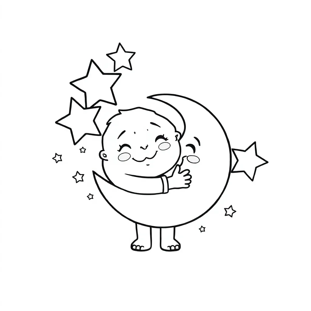 Stars stars and a moon hugging a friend — easy stars coloring page (ages 2–5)