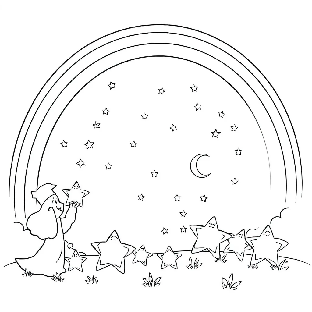 Stars stars and a moon under a rainbow — classic stars coloring page (ages 5–10)