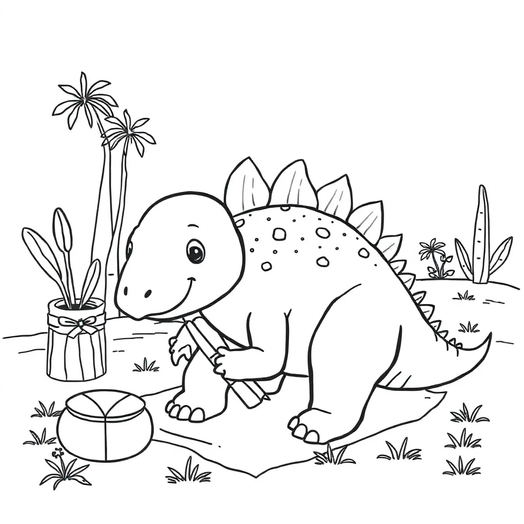 Stegosaurus a baby stegosaurus having a picnic — classic stegosaurus coloring page (ages 5–10)