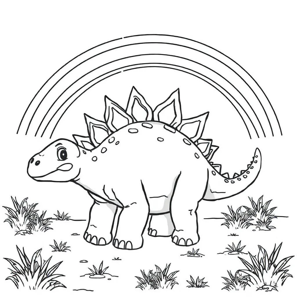 Stegosaurus a baby stegosaurus under a rainbow — classic stegosaurus coloring page (ages 5–10)