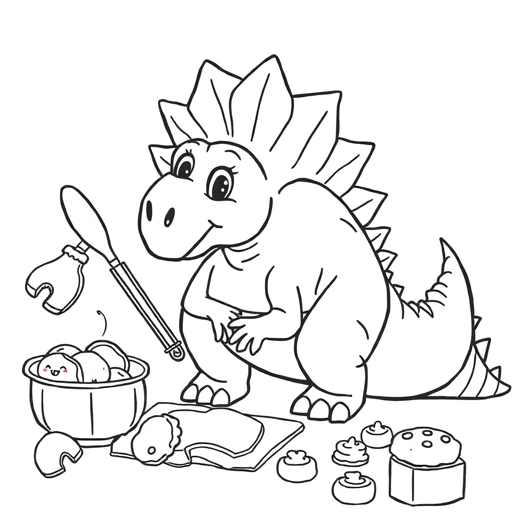Stegosaurus a friendly stegosaurus baking cookies — classic stegosaurus coloring page (ages 5–10)