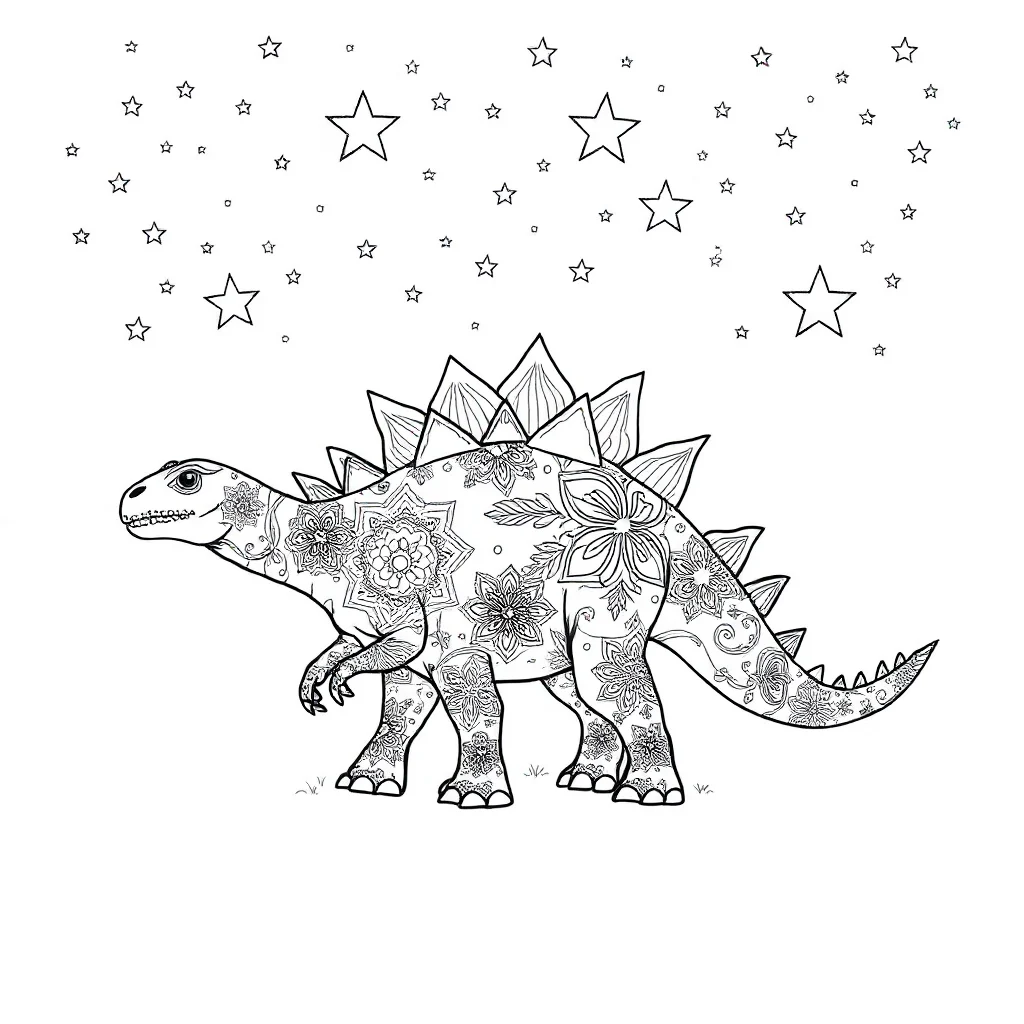 Stegosaurus a friendly stegosaurus under the night sky with stars — detailed stegosaurus coloring page (ages 9+ & adults)