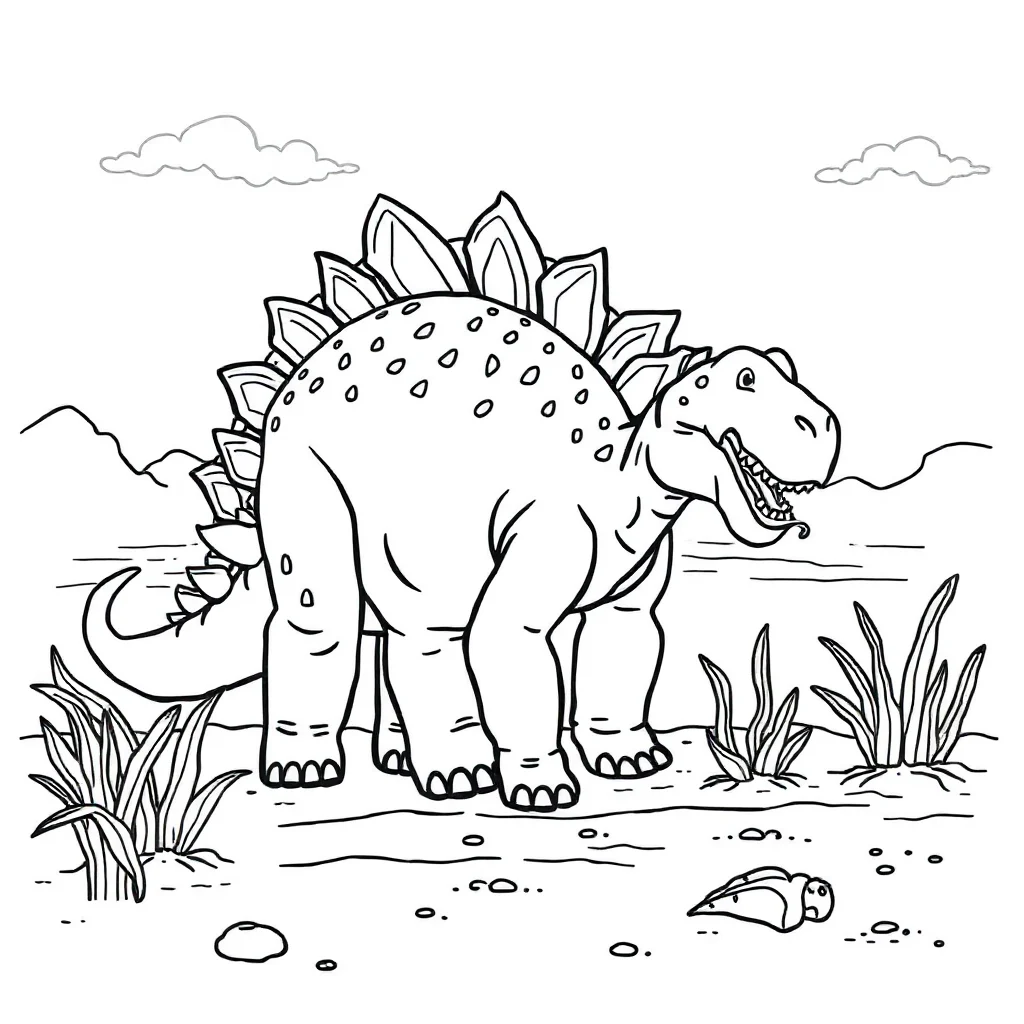 Stegosaurus a stegosaurus eating plants on the beach — classic stegosaurus coloring page (ages 5–10)