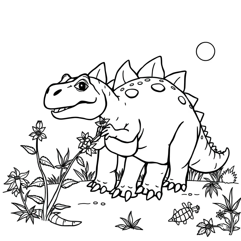 Stegosaurus a stegosaurus eating plants peeking from behind something — classic stegosaurus coloring page (ages 5–10)