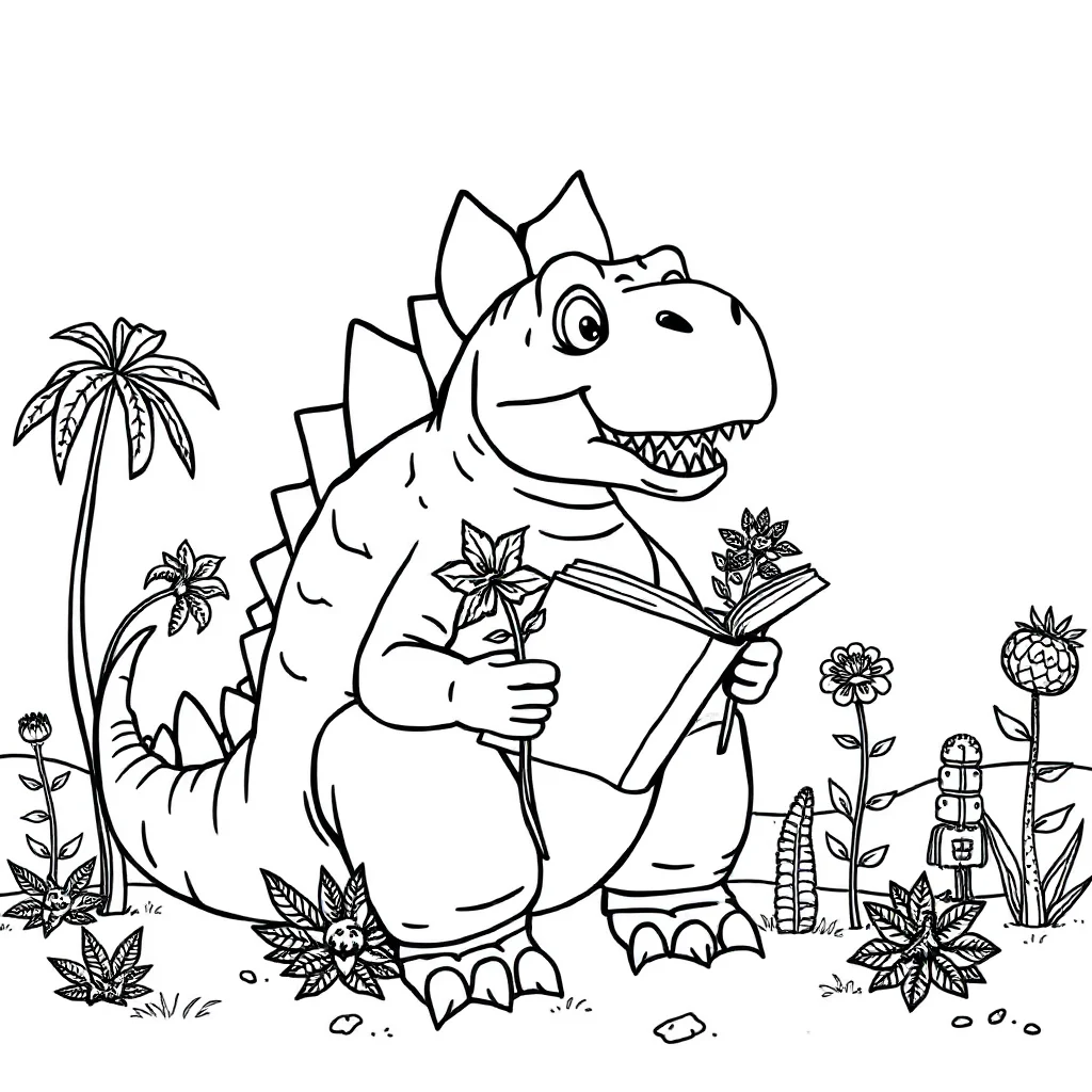 Stegosaurus a stegosaurus eating plants reading a book — classic stegosaurus coloring page (ages 5–10)