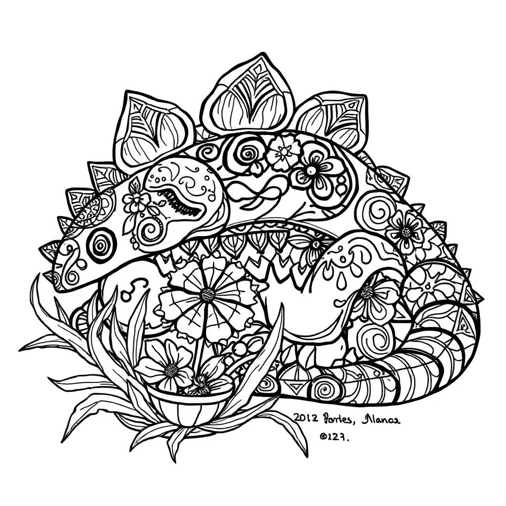 Stegosaurus a stegosaurus eating plants sleeping curled up — detailed stegosaurus coloring page (ages 9+ & adults)