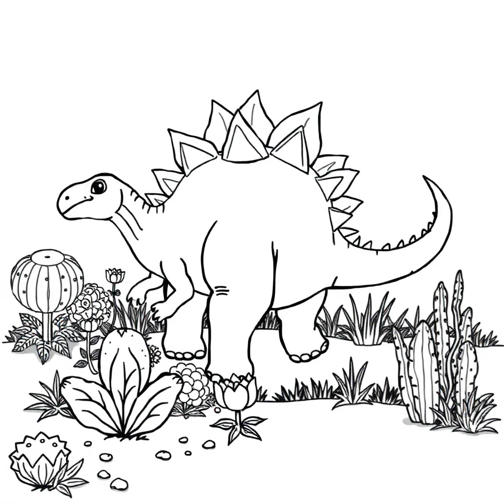 Stegosaurus a stegosaurus with back plates in a flower garden — classic stegosaurus coloring page (ages 5–10)