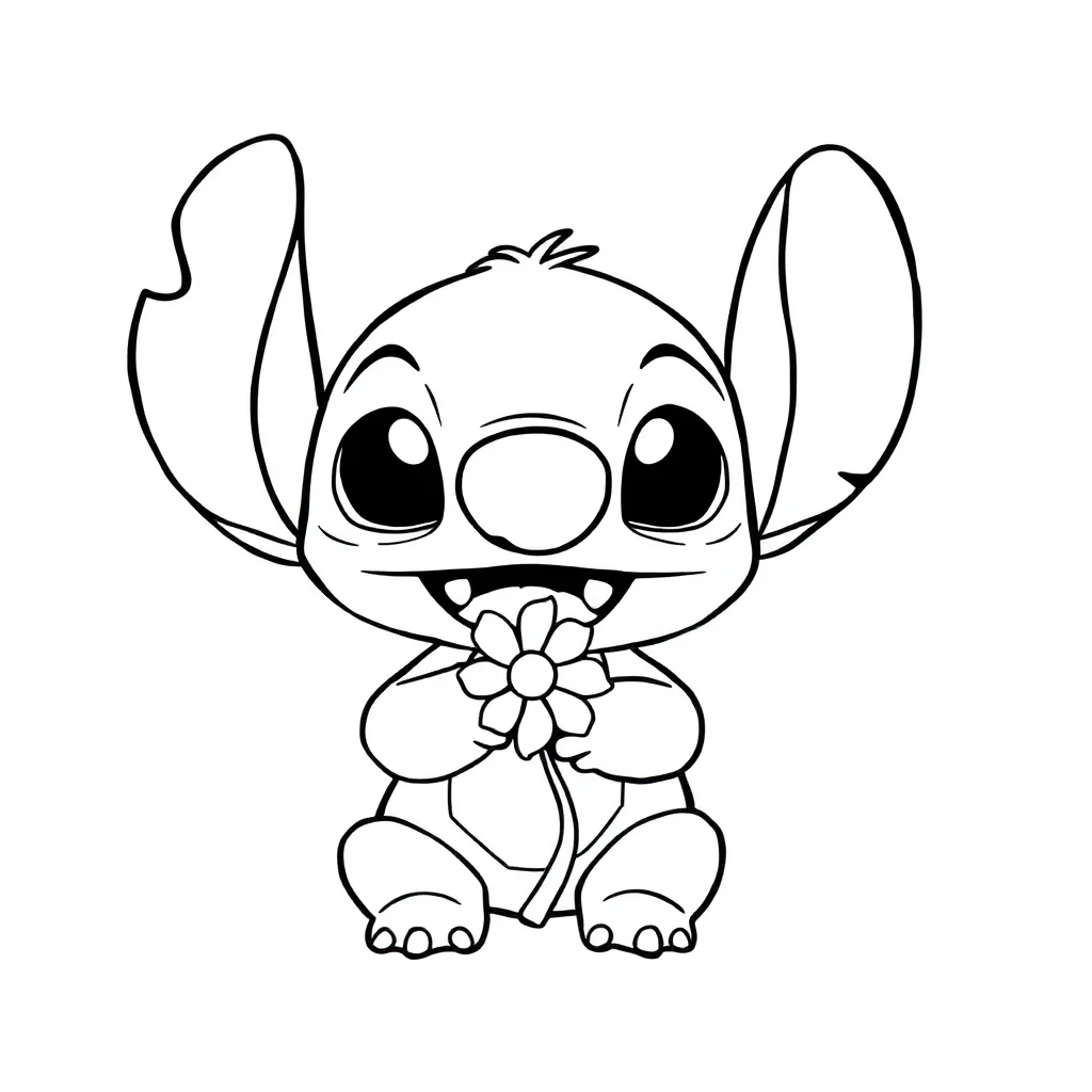 Stitch a chibi stitch with a flower — easy stitch coloring page (ages 2–5)