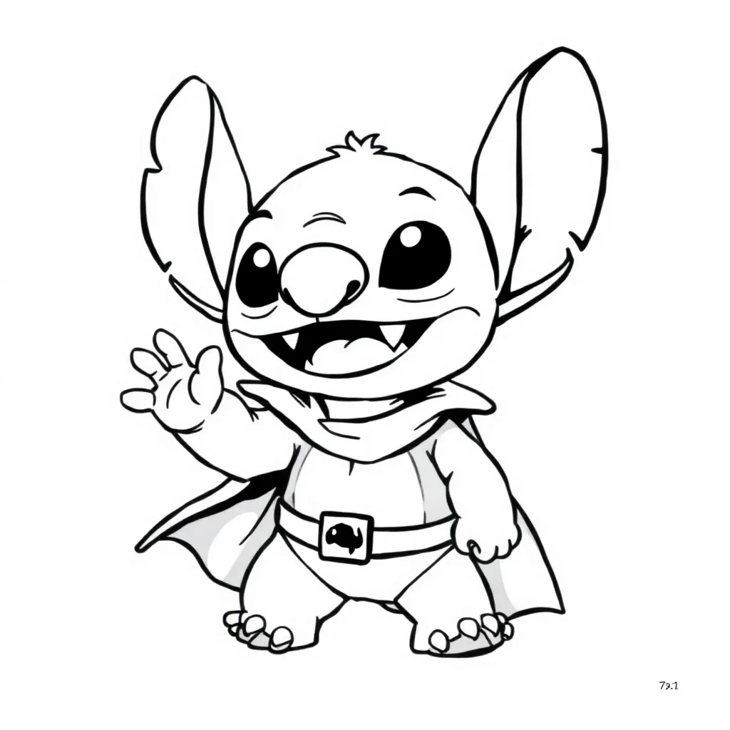 Stitch cute stitch waving hello in a superhero cape — classic stitch coloring page (ages 5–10)