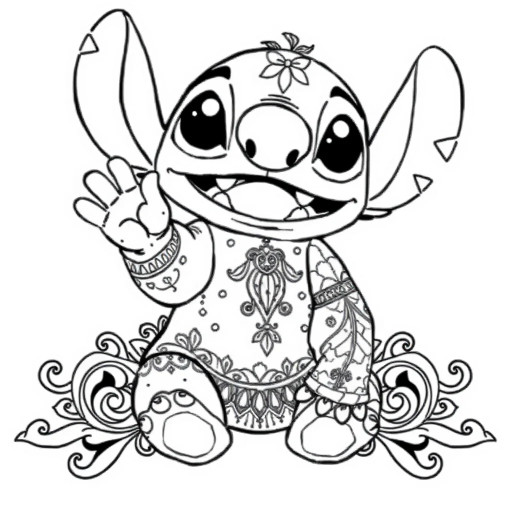 Stitch cute stitch waving hello sitting — detailed stitch coloring page (ages 9+ & adults)
