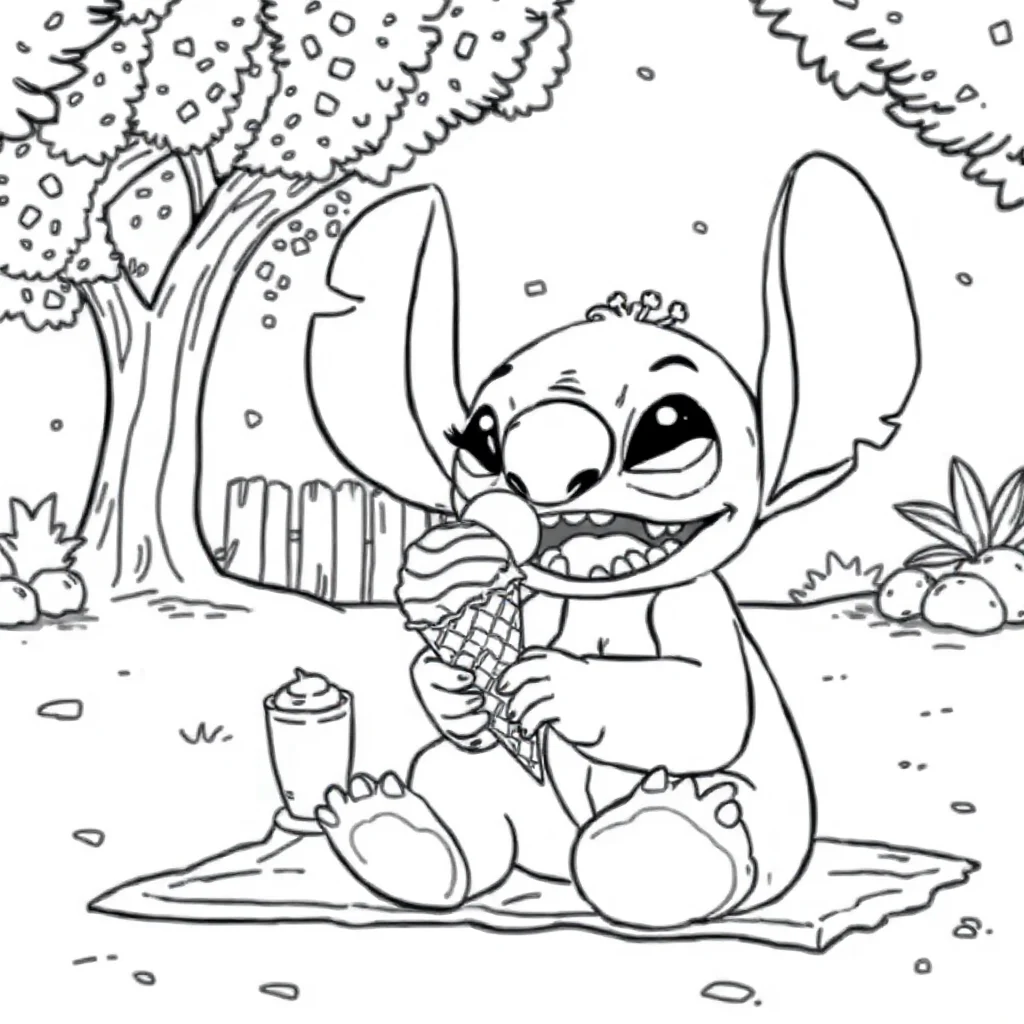 Stitch stitch eating ice cream having a picnic — classic stitch coloring page (ages 5–10)