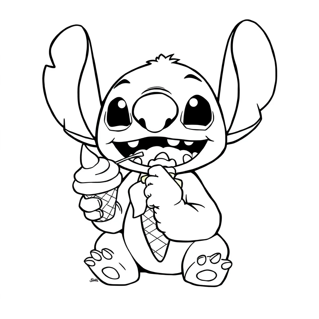 Stitch stitch eating ice cream — easy stitch coloring page (ages 2–5)