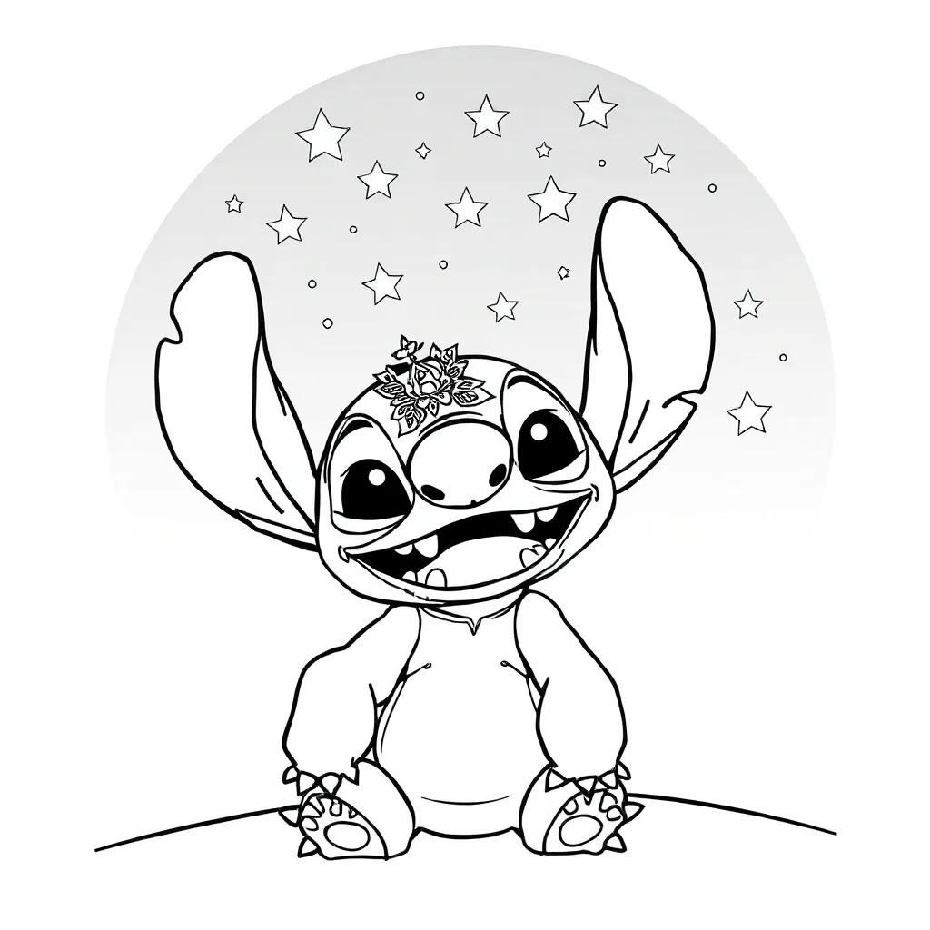 Stitch stitch giving a big smile under the night sky with stars — detailed stitch coloring page (ages 9+ & adults)