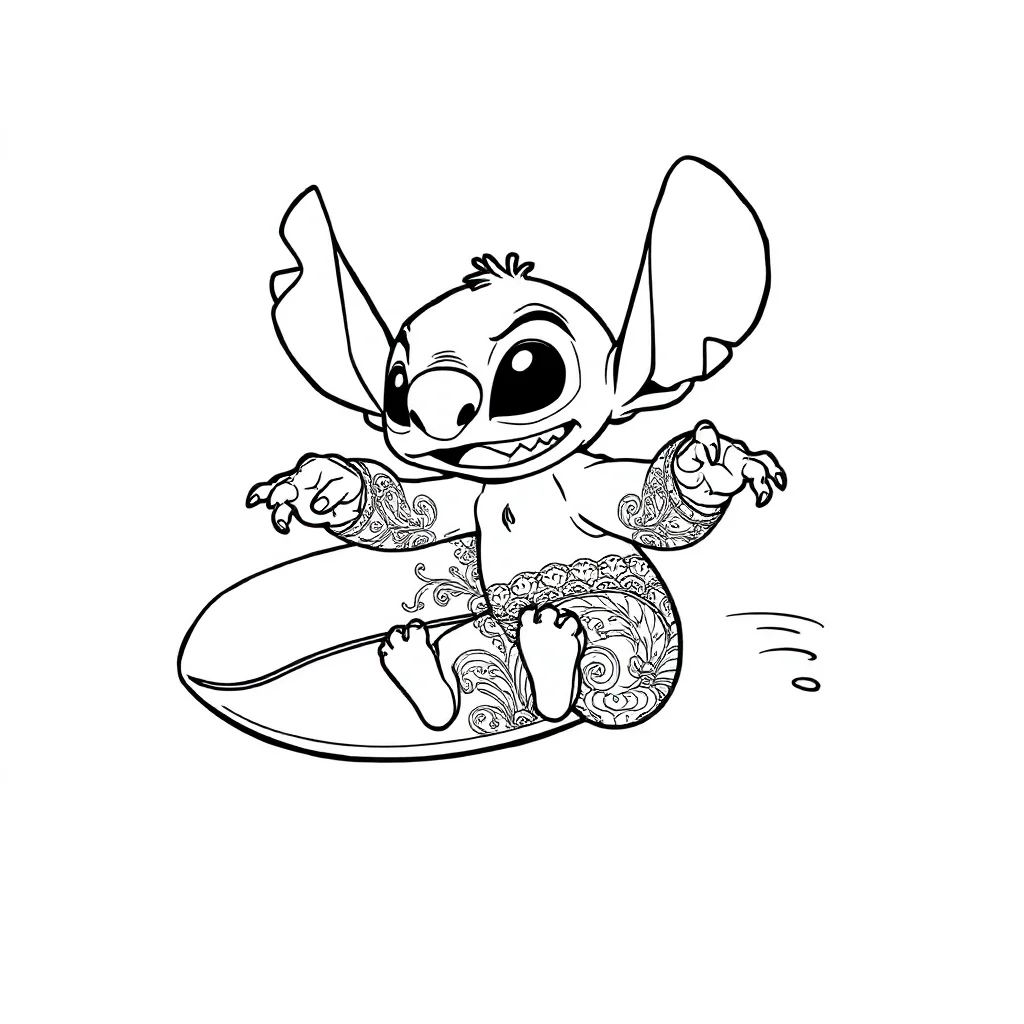 Stitch stitch holding a surfboard leaping mid air — detailed stitch coloring page (ages 9+ & adults)