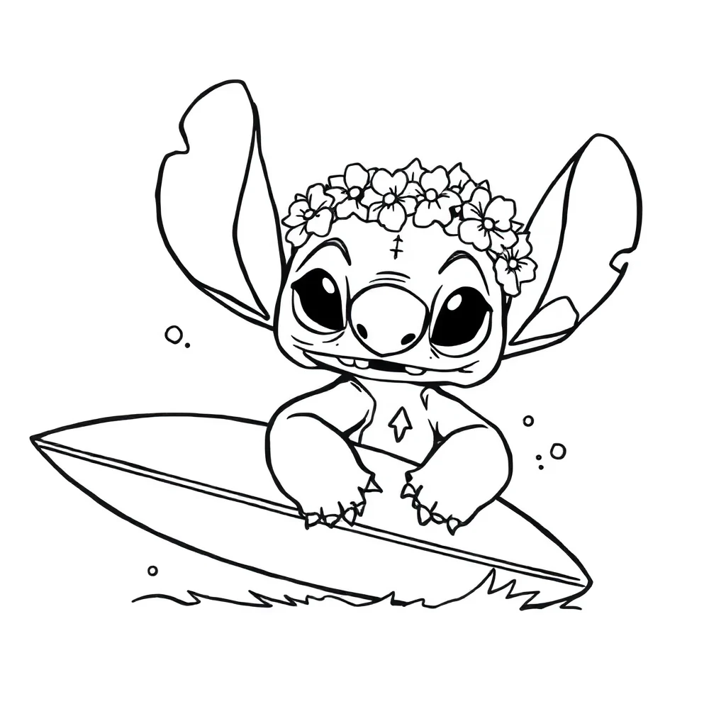 Stitch stitch holding a surfboard wearing a flower crown — classic stitch coloring page (ages 5–10)