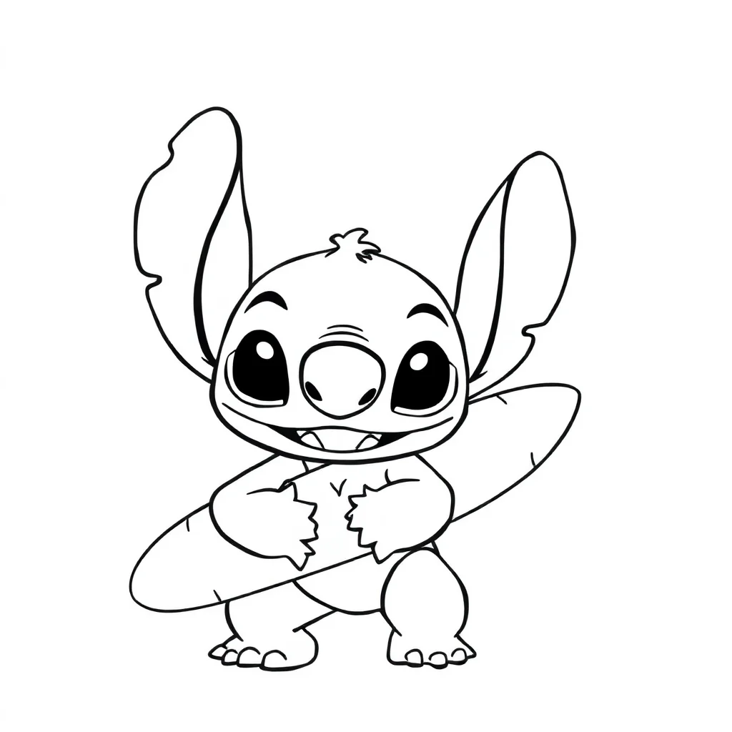 Stitch stitch holding a surfboard — easy stitch coloring page (ages 2–5)