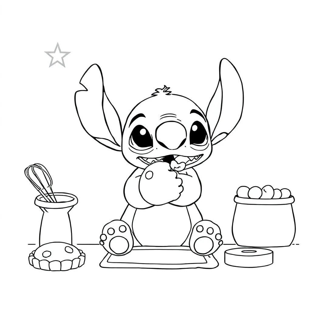 Stitch stitch hugging a teddy bear baking cookies — classic stitch coloring page (ages 5–10)