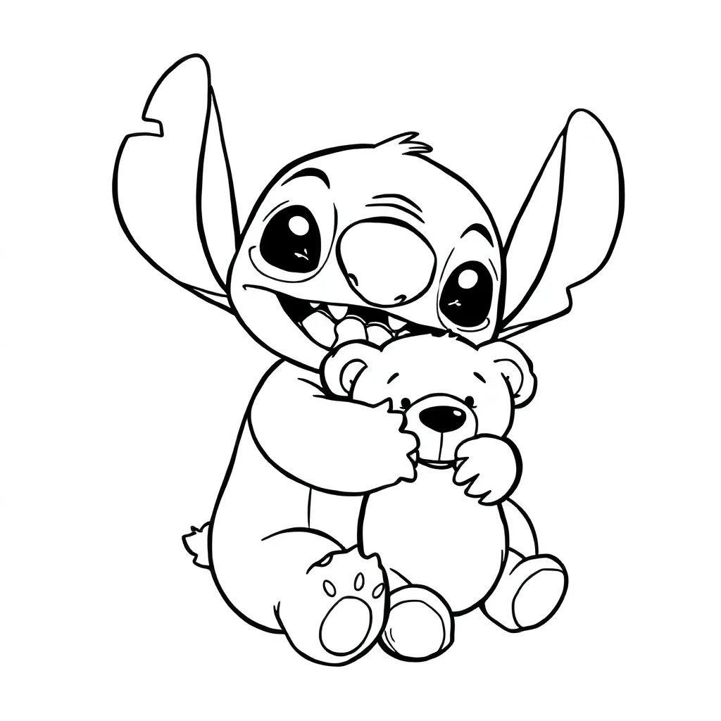 Stitch stitch hugging a teddy bear — easy stitch coloring page (ages 2–5)