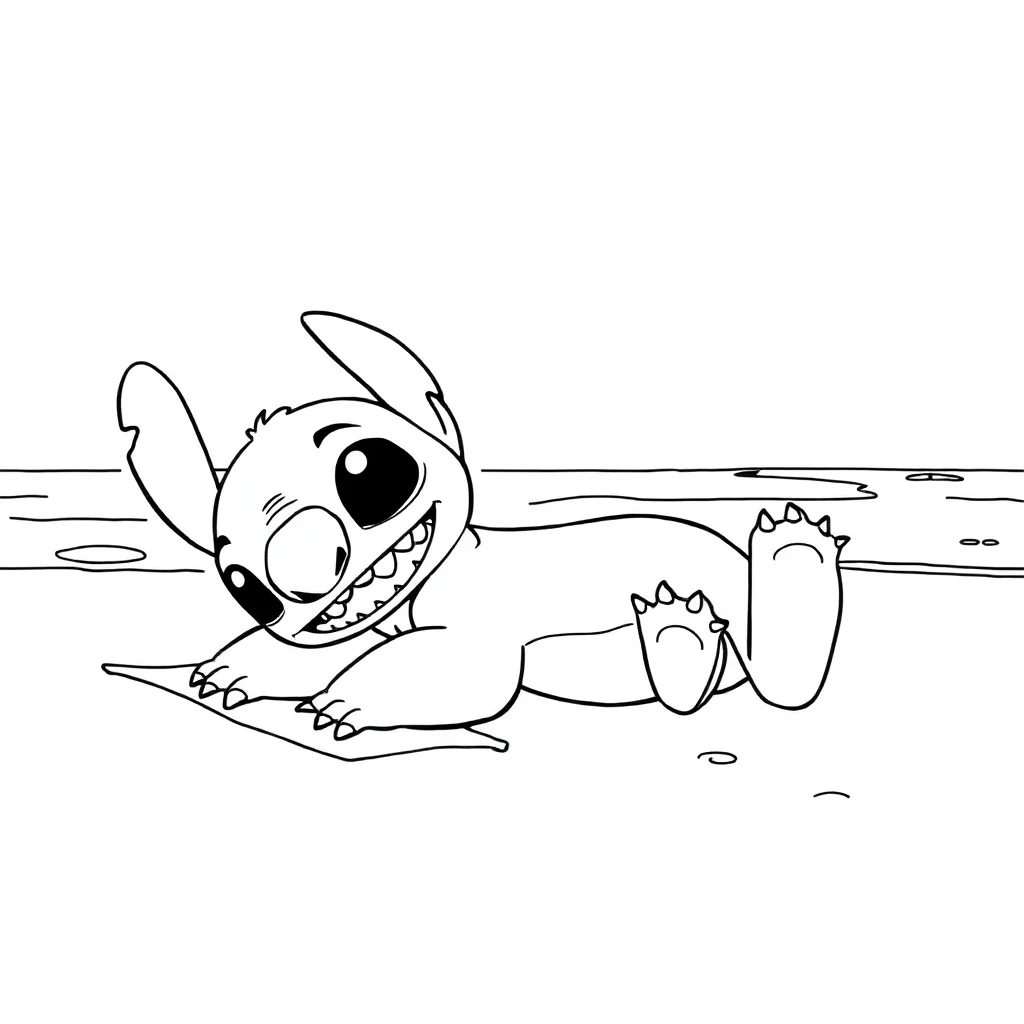 Stitch stitch lying down relaxing on the beach — classic stitch coloring page (ages 5–10)