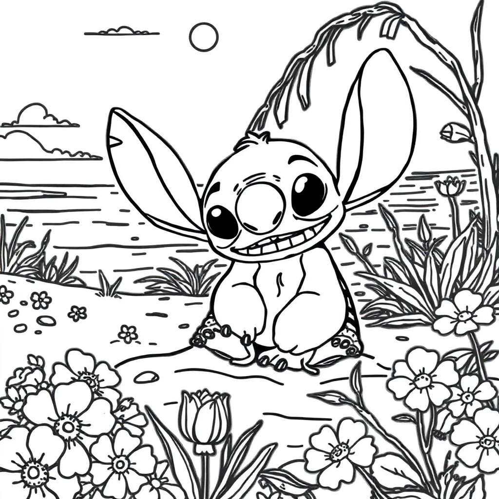 Stitch stitch on the beach in a flower garden — classic stitch coloring page (ages 5–10)