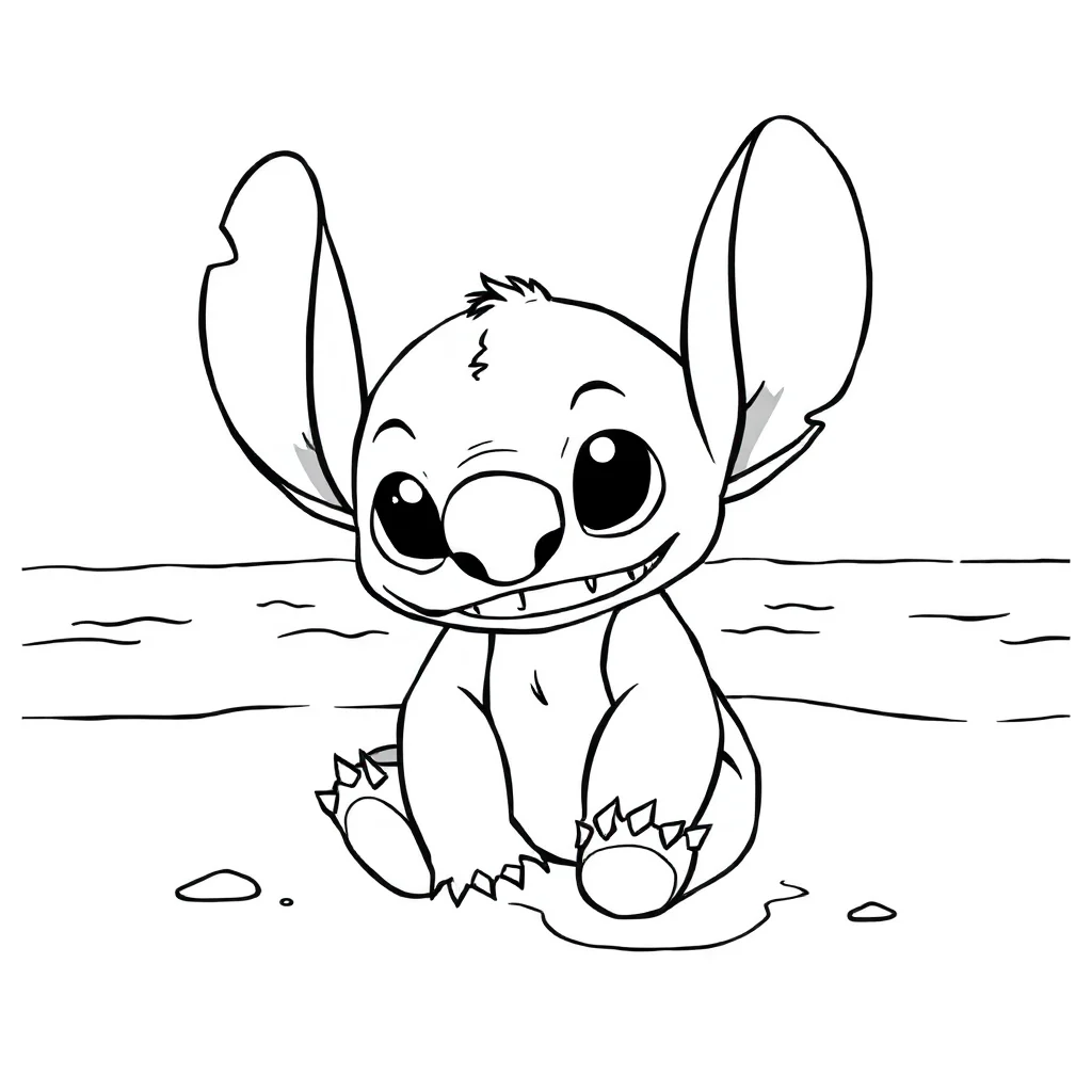 Stitch stitch on the beach — easy stitch coloring page (ages 2–5)