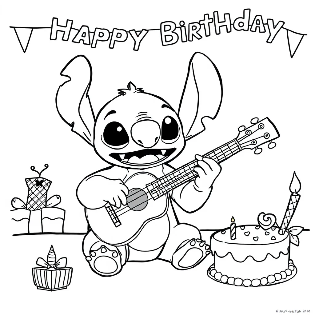 Stitch stitch playing a ukulele celebrating a birthday — classic stitch coloring page (ages 5–10)