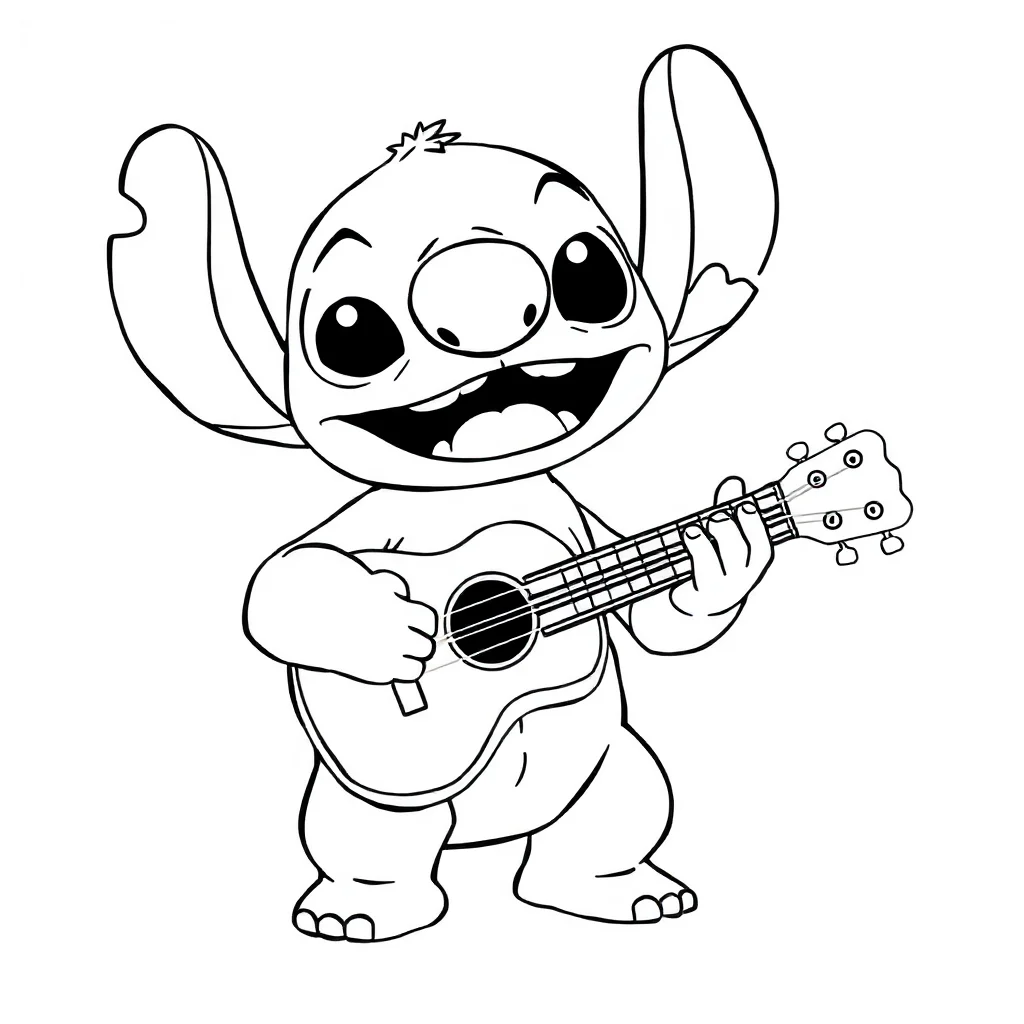 Stitch stitch playing a ukulele — easy stitch coloring page (ages 2–5)