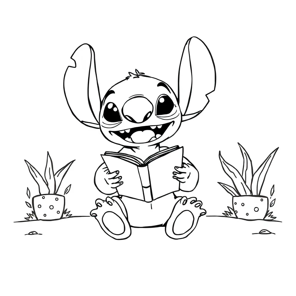 Stitch stitch sitting and smiling reading a book — classic stitch coloring page (ages 5–10)