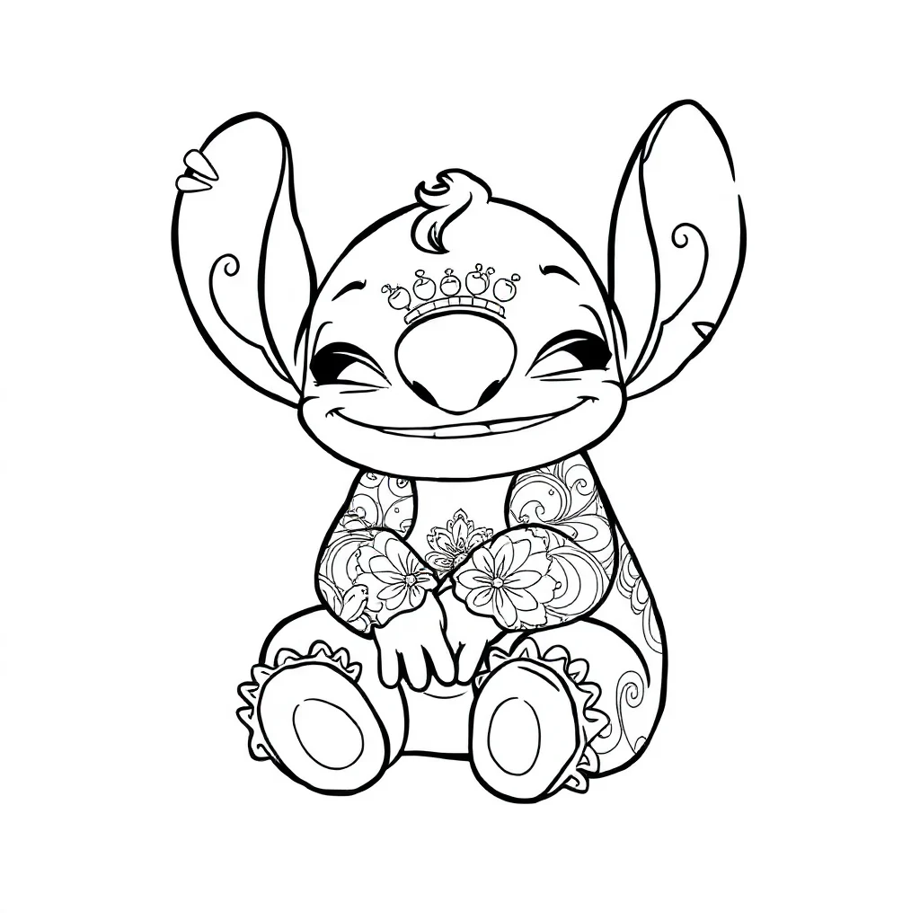 Stitch stitch sitting and smiling sleeping curled up — detailed stitch coloring page (ages 9+ & adults)