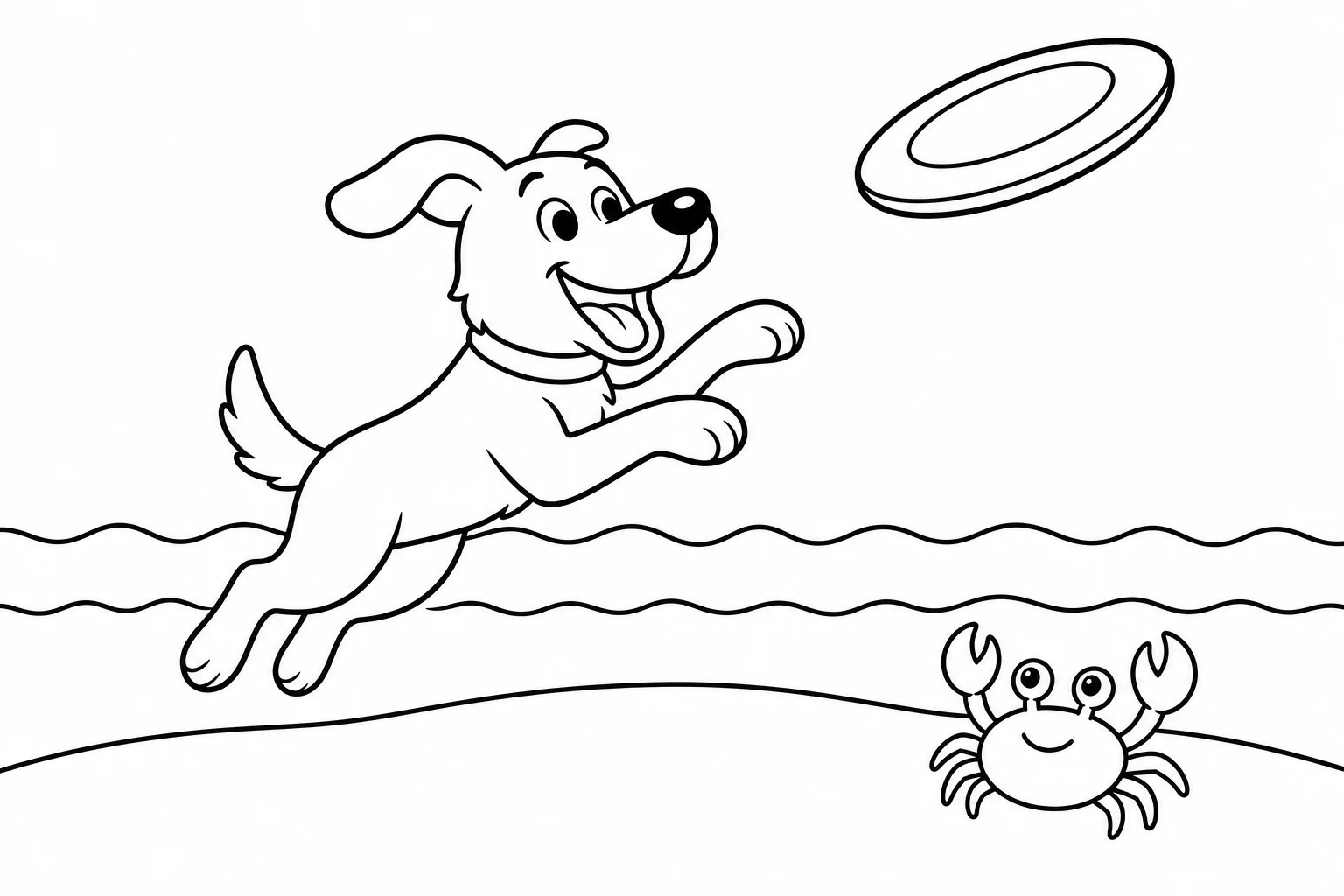 Summer beach dog — easy summer coloring page (ages 2–5)