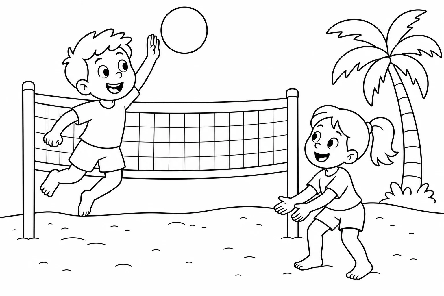 Summer beach volleyball — easy summer coloring page (ages 2–5)