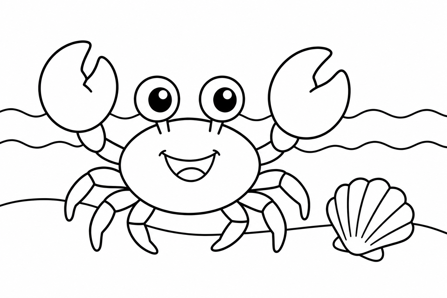Summer crab beach — easy summer coloring page (ages 2–5)