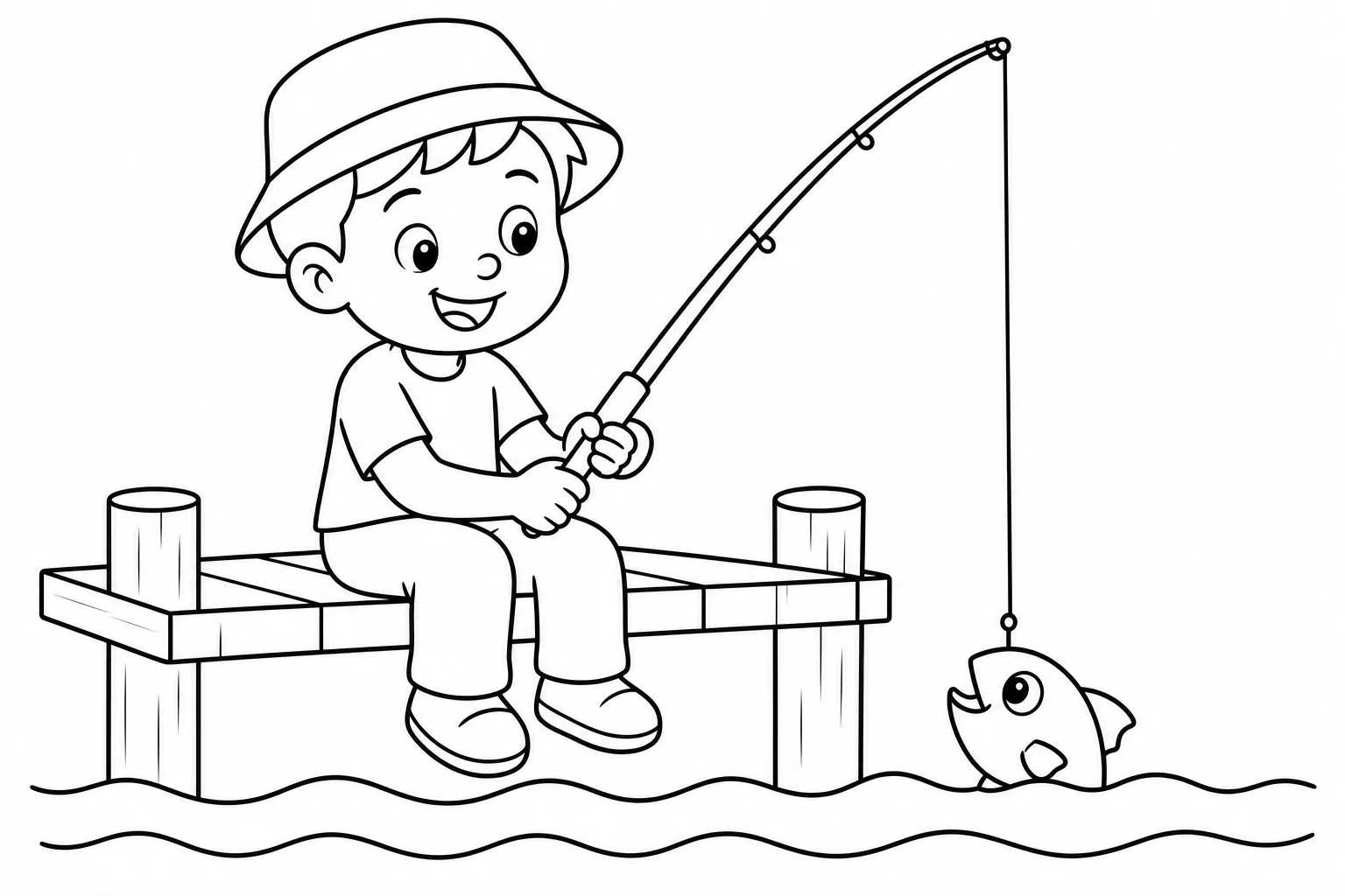 Summer fishing dock — easy summer coloring page (ages 2–5)