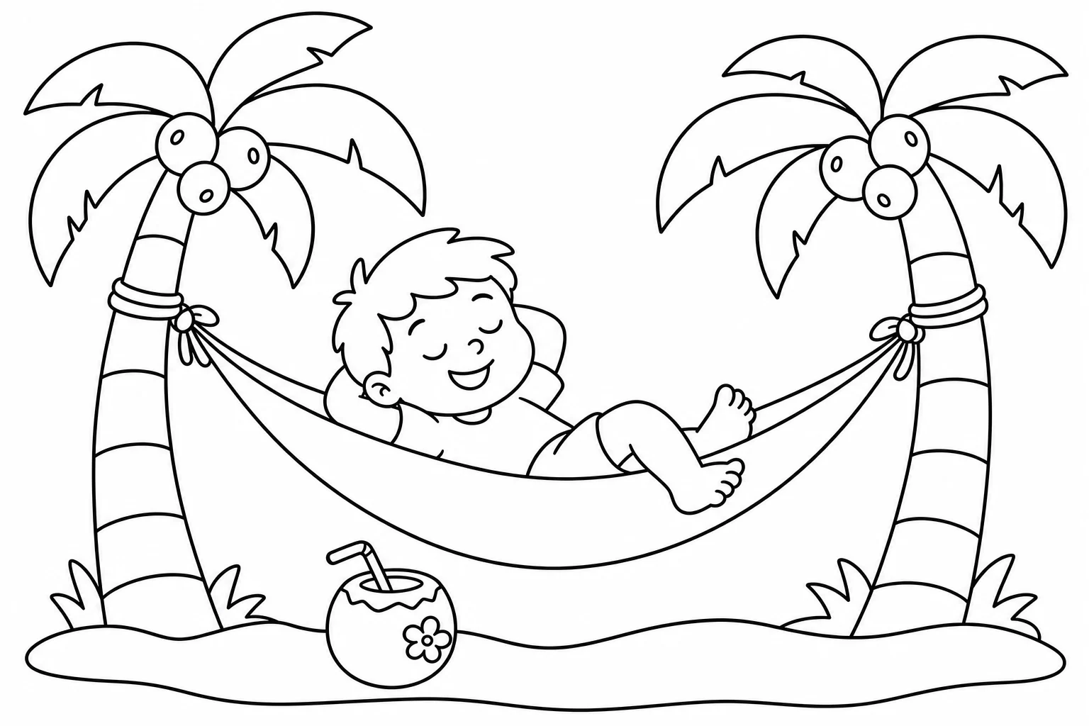 Summer hammock nap — easy summer coloring page (ages 2–5)