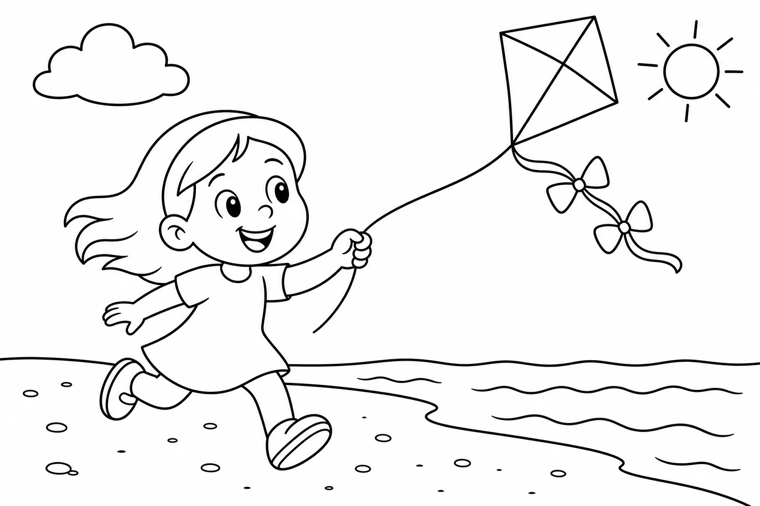 Summer kite beach — easy summer coloring page (ages 2–5)