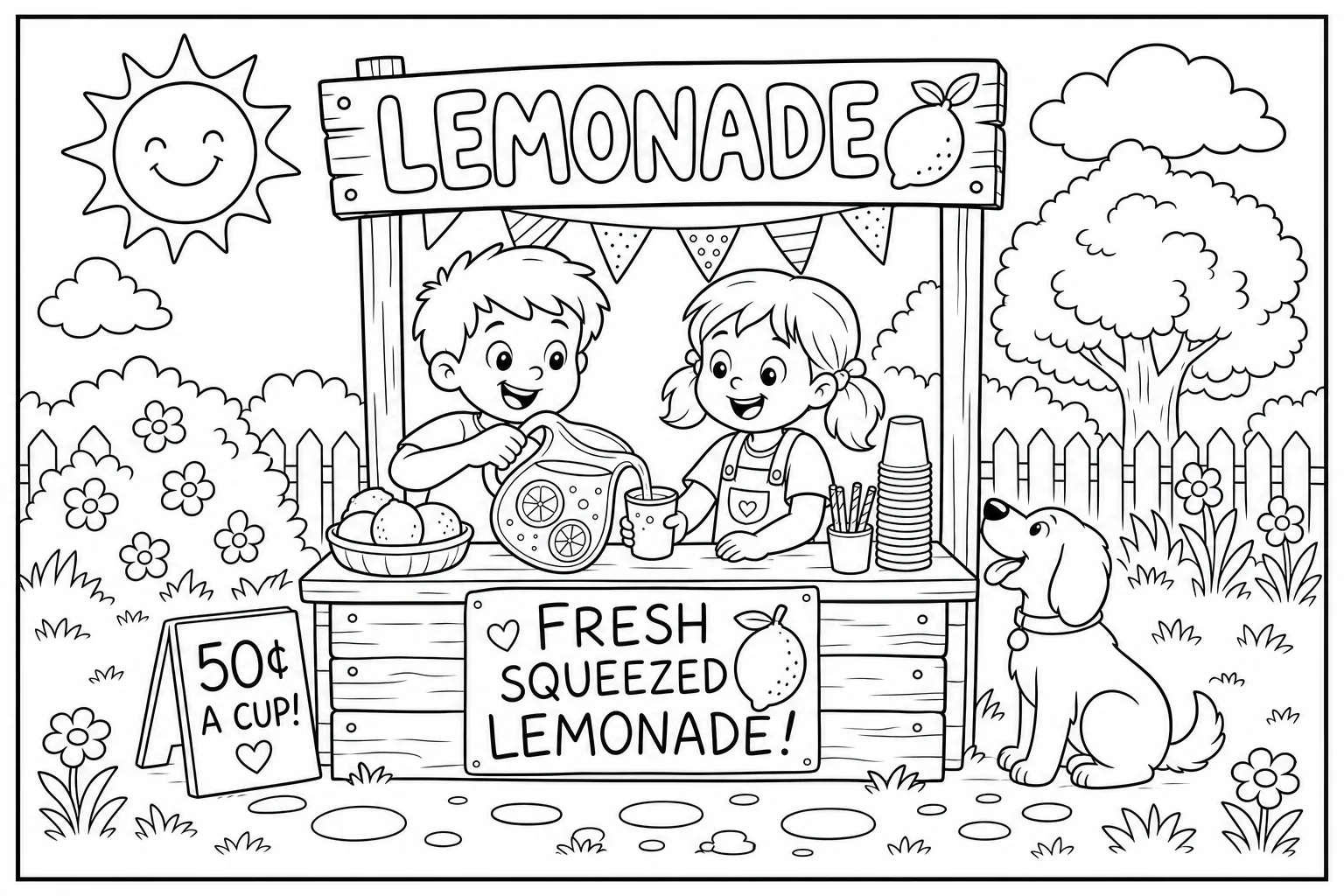 Summer lemonade stand — classic summer coloring page (ages 5–10)
