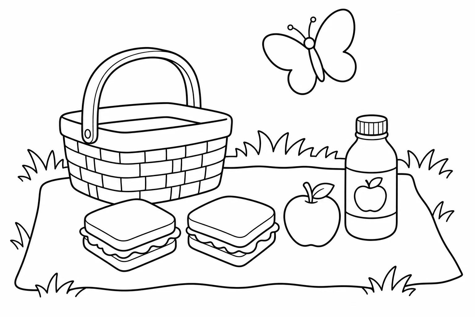 Summer picnic blanket — easy summer coloring page (ages 2–5)