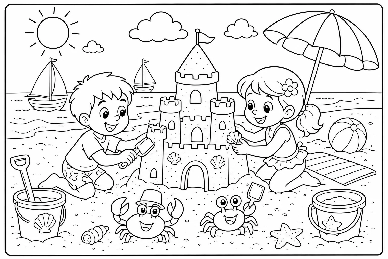Summer sandcastle — classic summer coloring page (ages 5–10)