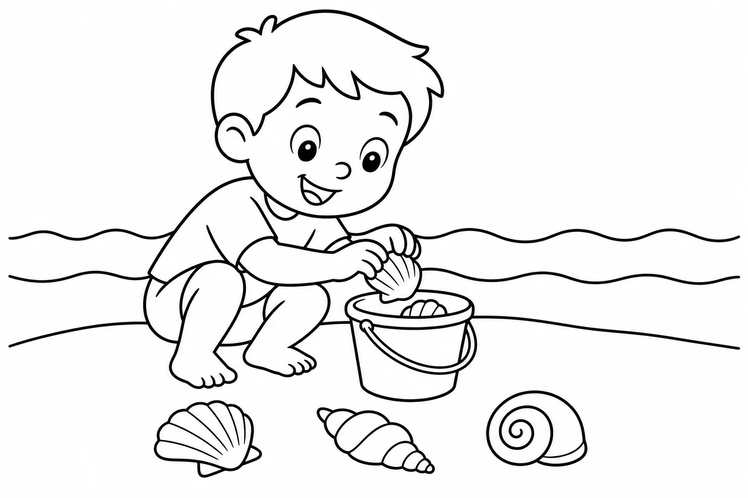 Summer seashell bucket — easy summer coloring page (ages 2–5)