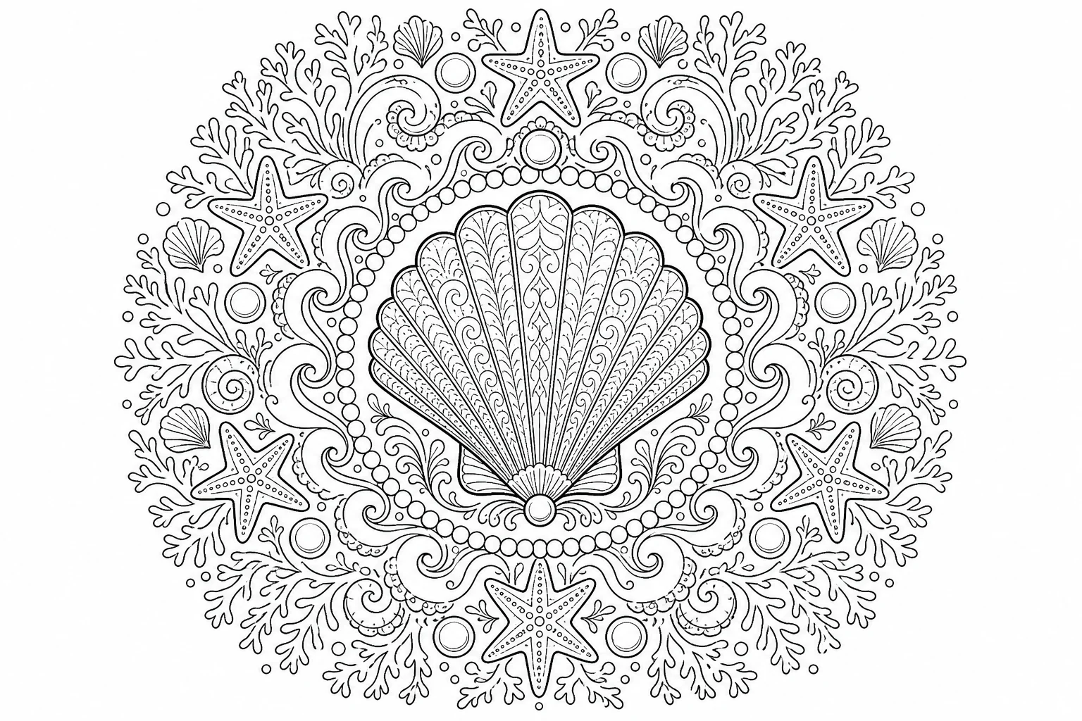 Summer shell mandala — detailed summer coloring page (ages 9+ & adults)