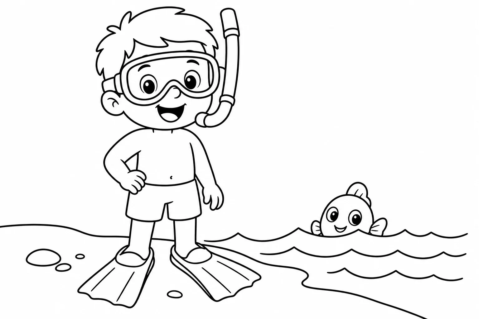 Summer snorkel kid — easy summer coloring page (ages 2–5)