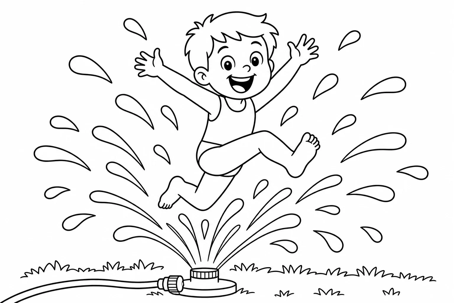 Summer sprinkler fun — easy summer coloring page (ages 2–5)