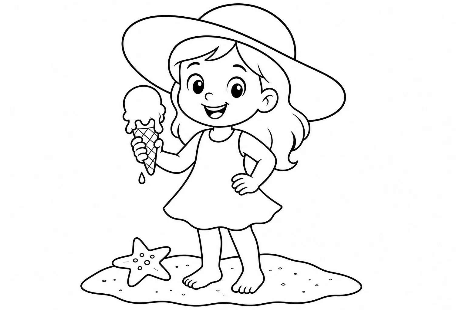 Summer sun hat girl — easy summer coloring page (ages 2–5)