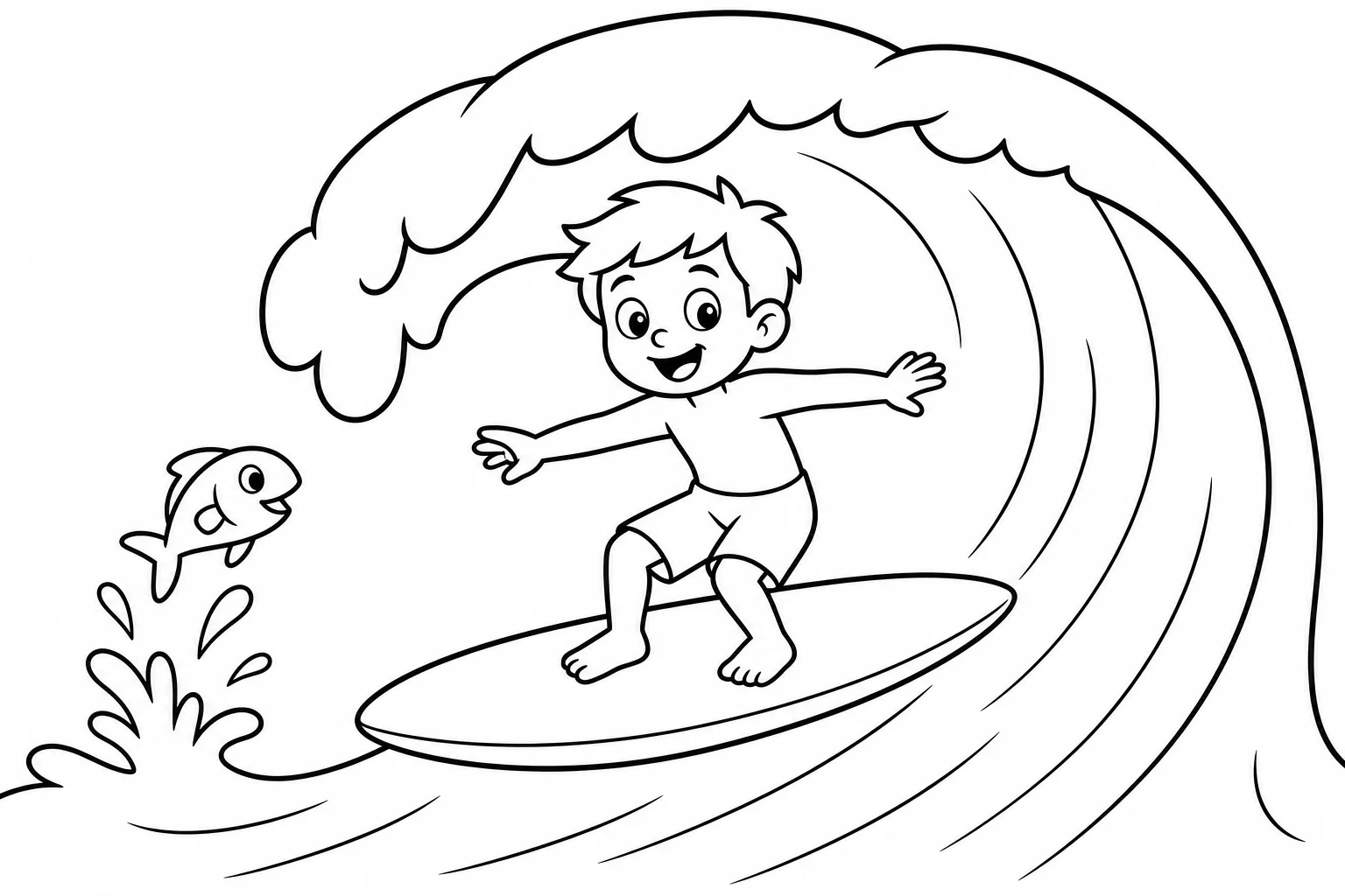 Summer surfing kid — easy summer coloring page (ages 2–5)