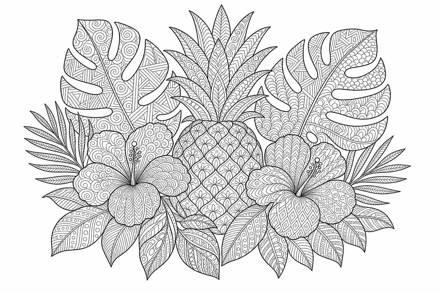 Summer tropical tangle — detailed summer coloring page (ages 9+ & adults)