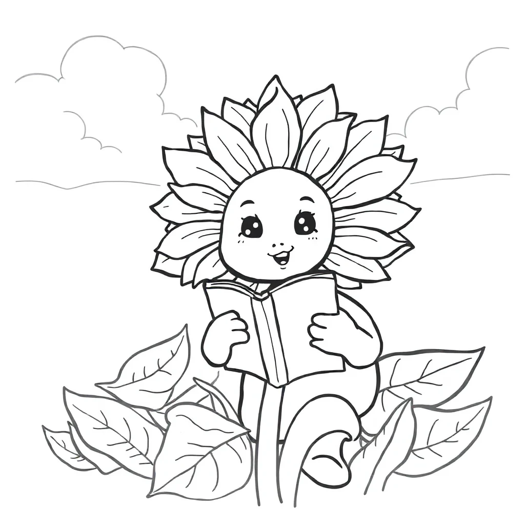 Sunflowers a blooming sunflower reading a book — classic sunflowers coloring page (ages 5–10)