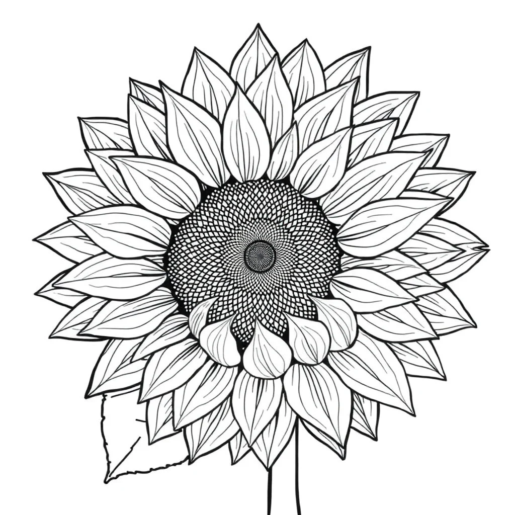 Sunflowers a blooming sunflower sleeping curled up — detailed sunflowers coloring page (ages 9+ & adults)