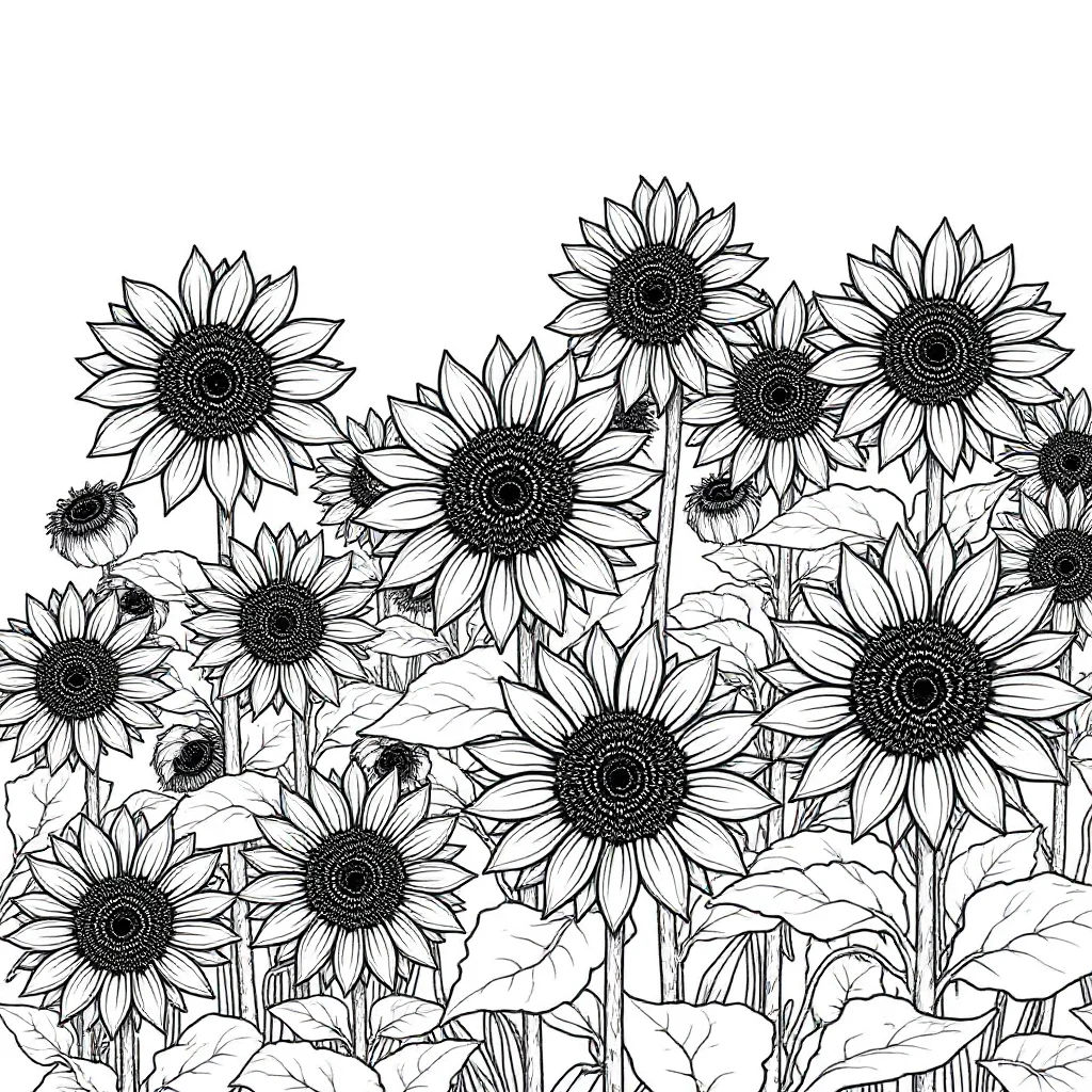 Sunflowers a field of sunflowers dancing — detailed sunflowers coloring page (ages 9+ & adults)
