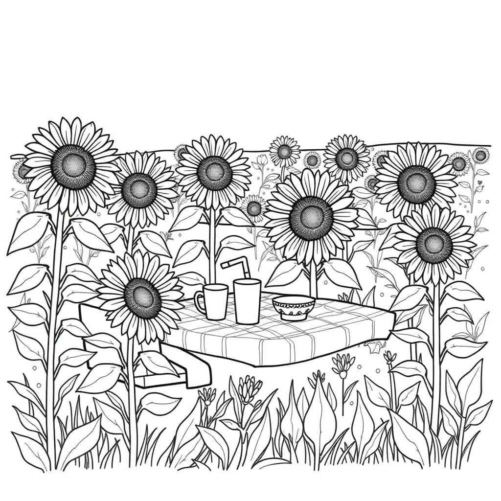 Sunflowers a field of sunflowers having a picnic — classic sunflowers coloring page (ages 5–10)